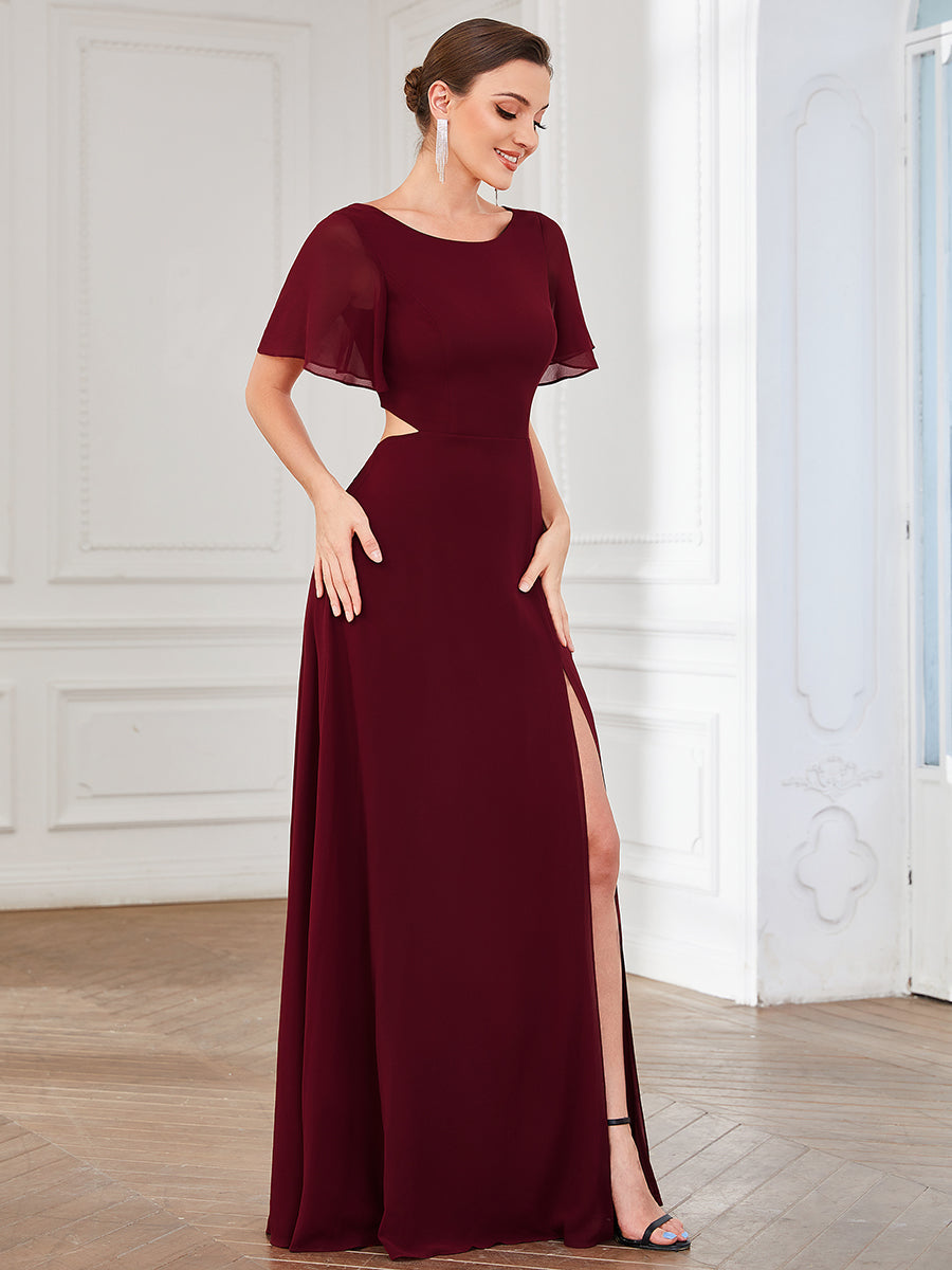 Color=Burgundy | Round Neck A Line Ruffles Sleeves Split Wholesale Bridesmaid Dresses-Burgundy 3