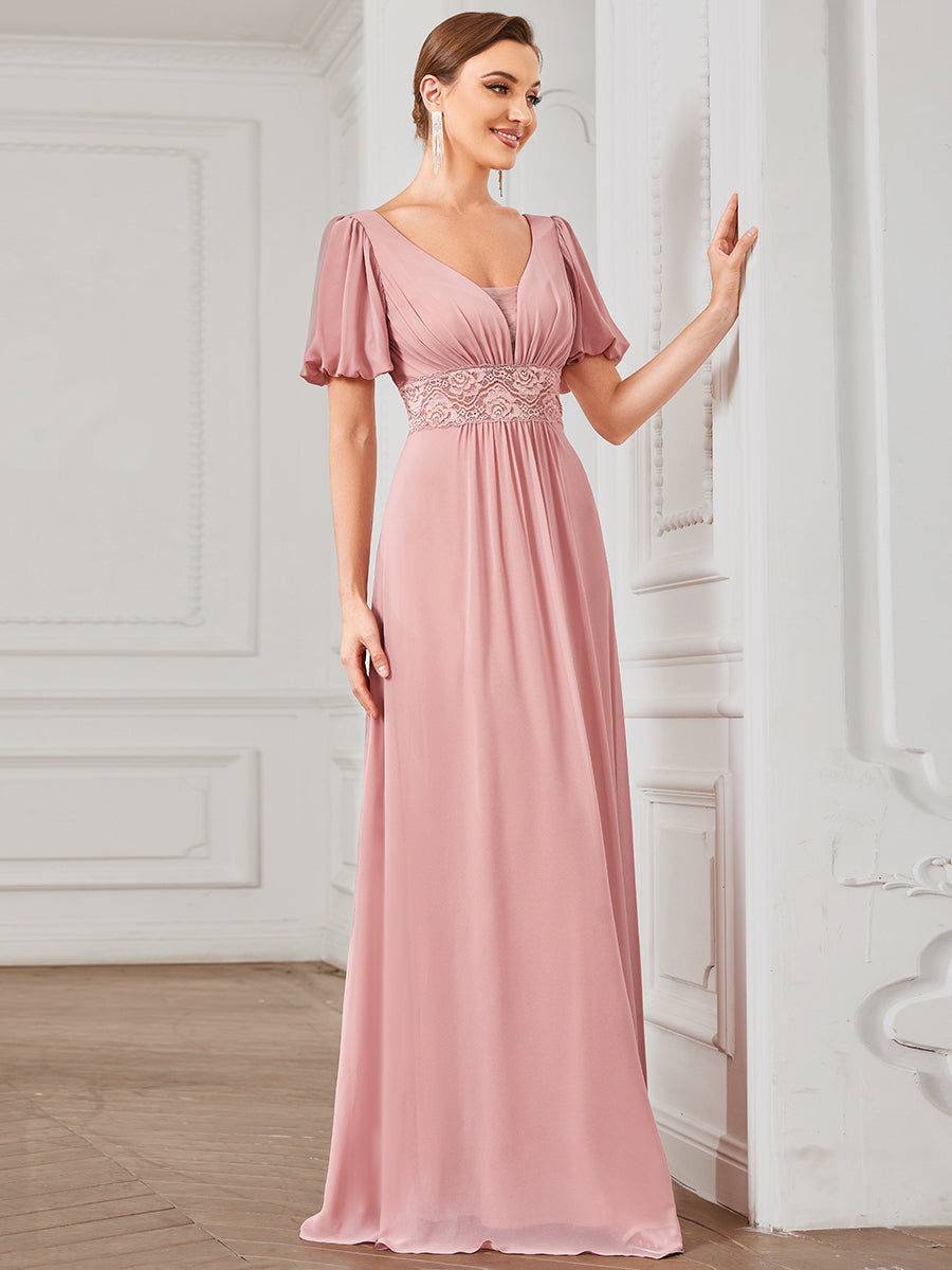 Color=Dusty Rose | V Neck A Line Wholesale Bridesmaid Dresses with Short Ruffles Sleeves-Dusty Rose 4