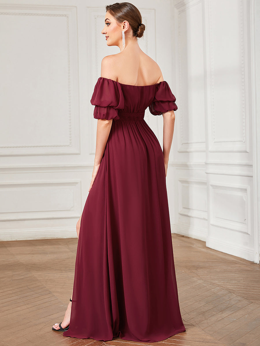 Color=Burgundy | Off Shoulders Short Puff Sleeves Split Wholesale Evening Dresses-Burgundy 2