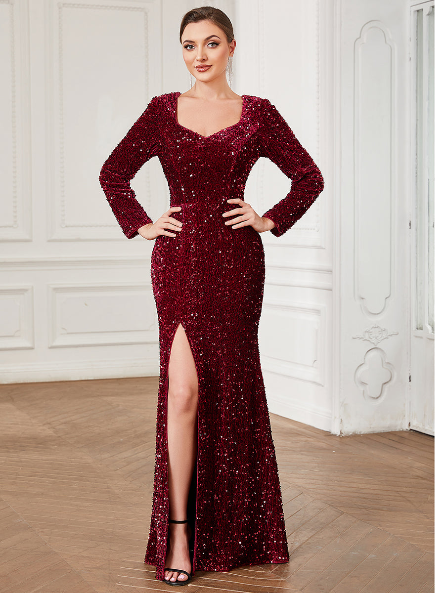 Color=Burgundy | Shiny Long Sleeves Sweetheart Neck Fishtail Wholesale Evening Dresses-Burgundy 1