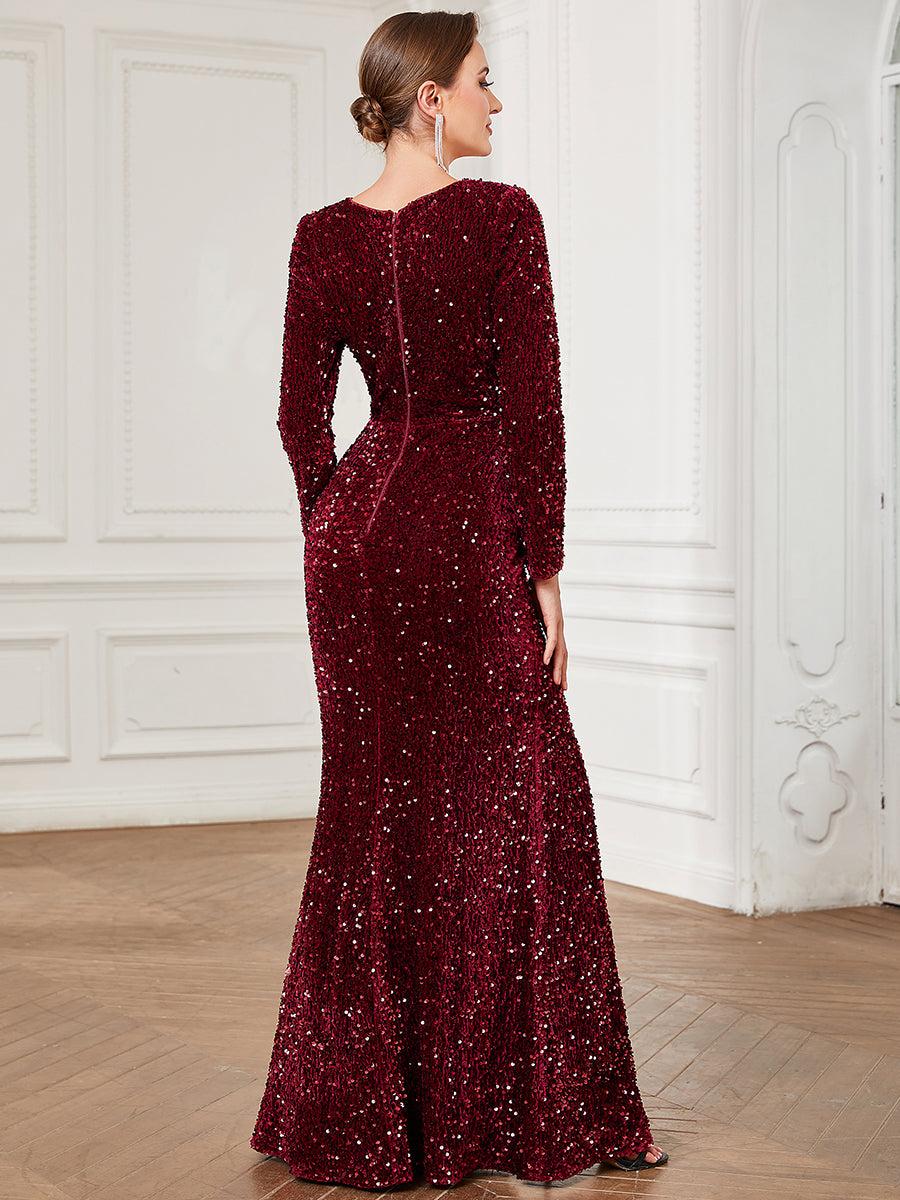 Color=Burgundy | Shiny Long Sleeves Sweetheart Neck Fishtail Wholesale Evening Dresses-Burgundy 2
