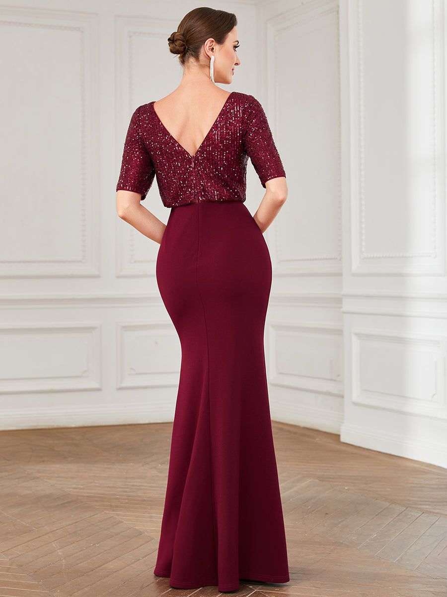 Color=Burgundy | Round Neck Fishtail Wholesale Evening Dresses with Half Sleeves-Burgundy 2