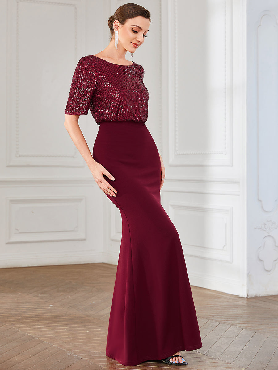 Color=Burgundy | Round Neck Fishtail Wholesale Evening Dresses with Half Sleeves-Burgundy 3