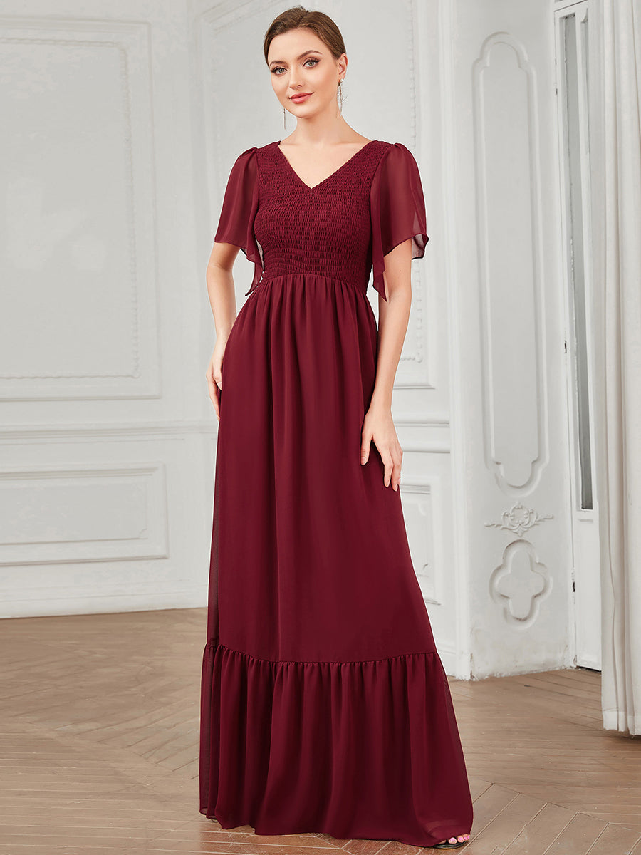 Color=Burgundy | Simple V Neck Short Ruffles Sleeves A Line Wholesale Evening Dresses-Burgundy 1