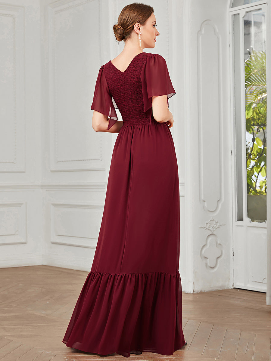 Color=Burgundy | Simple V Neck Short Ruffles Sleeves A Line Wholesale Evening Dresses-Burgundy 2