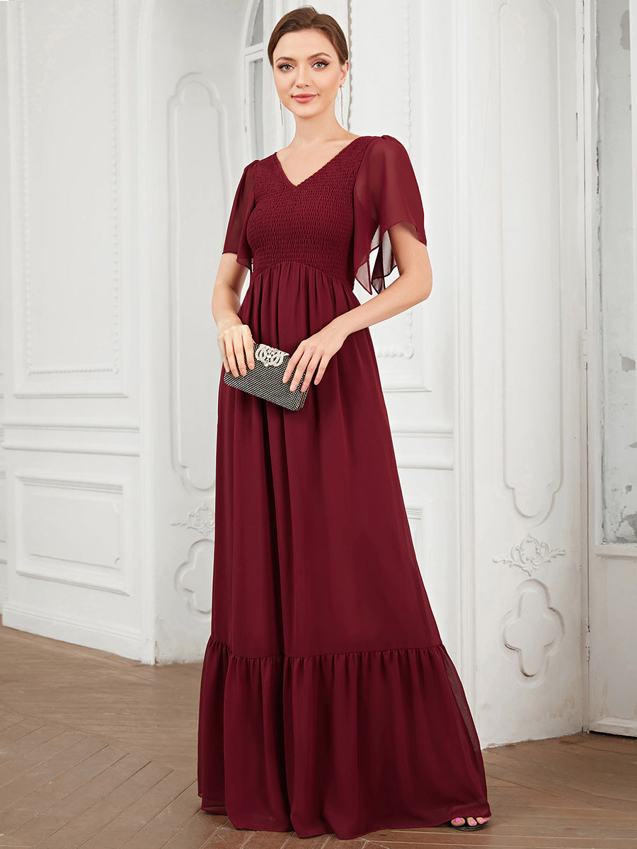 Color=Burgundy | Simple V Neck Short Ruffles Sleeves A Line Wholesale Evening Dresses-Burgundy 4