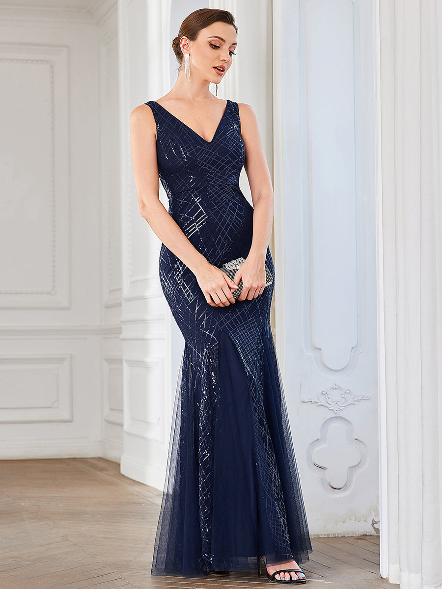 Color=Navy Blue | Sleeveless A Line Deep V Neck Floor Length Wholesale Evening Dresses-Navy Blue 4