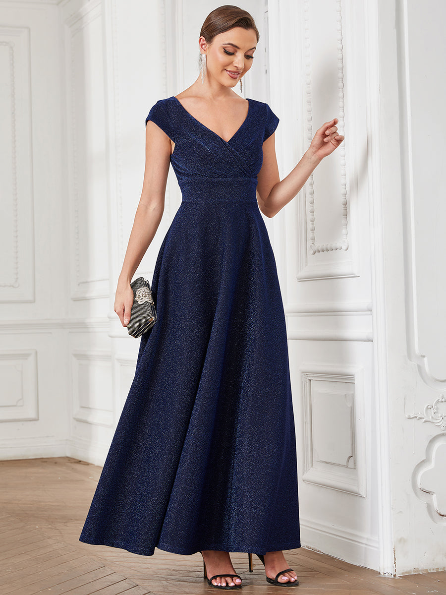 Color=Navy Blue | Deep V Neck Floor Length A Line Sleeveless Wholesale Evening Dresses-Navy Blue 4