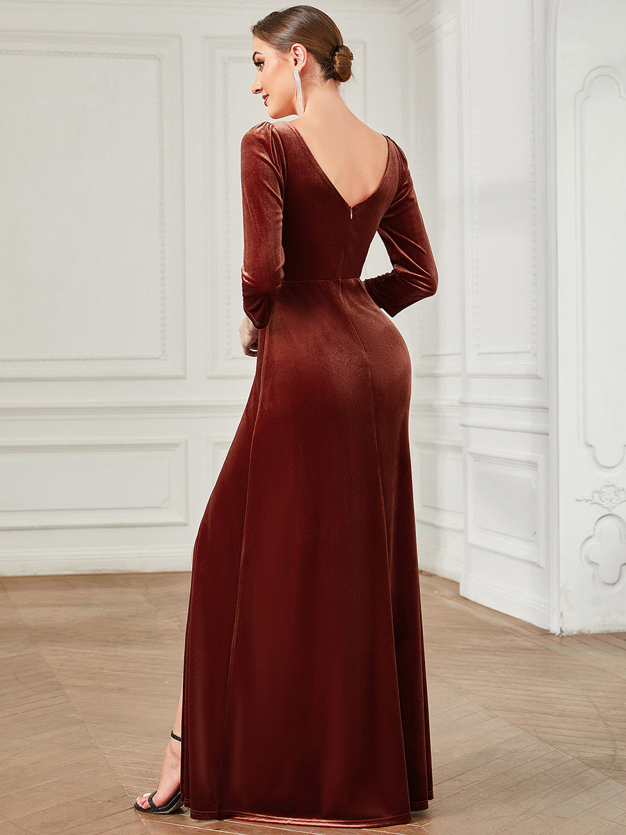 Color=brick-red | Shiny Long Sleeves Deep V Neck A Line Wholesale Evening Dresses-brick-red 2