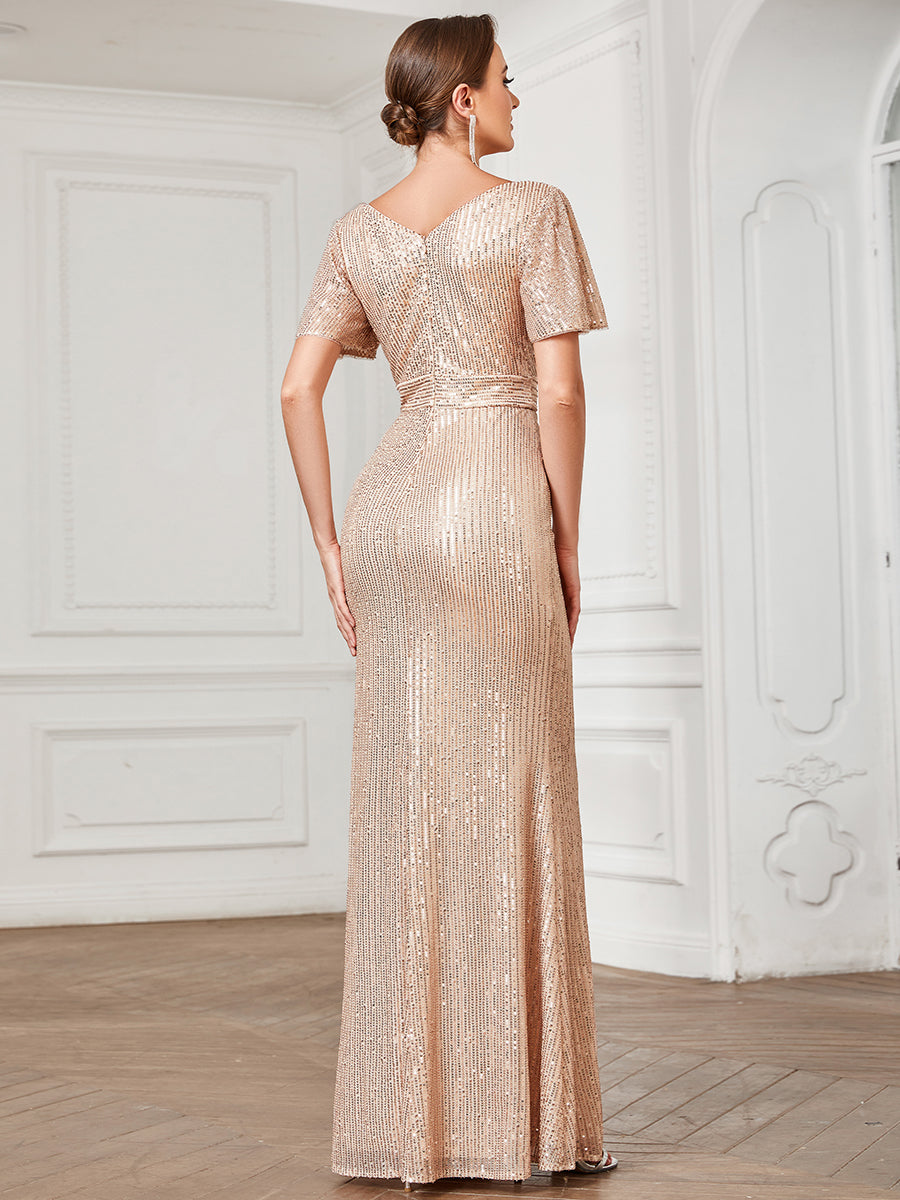 Color=Rose Gold | Shiny V Neck A Line Short Ruffles Sleeves Wholesale Evening Dresses-Rose Gold 2