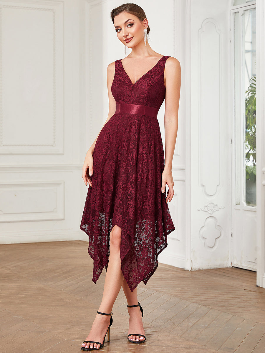 Color=Burgundy | Sleeveless V Neck A Line Asymmetrical Hem Wholesale Bridesmaid Dresses-Burgundy 3