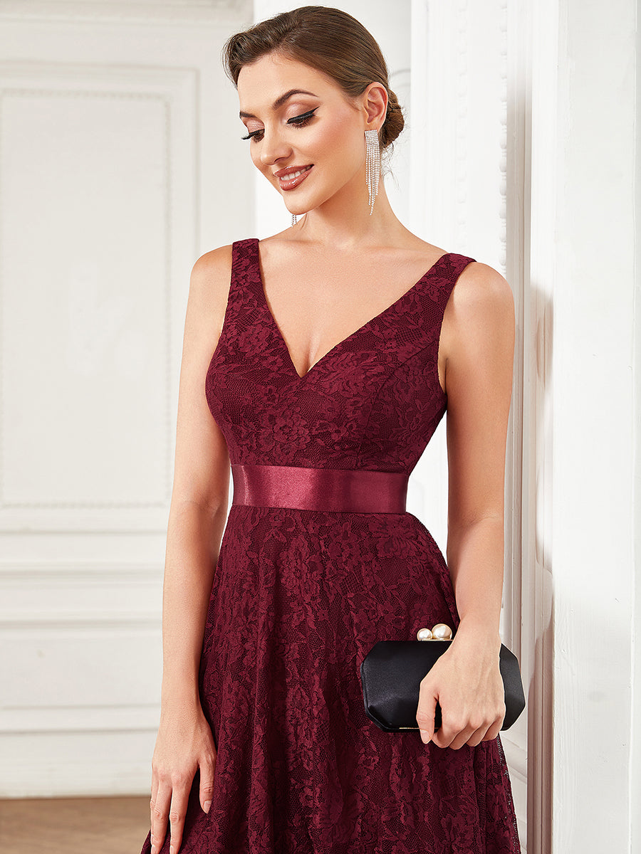 Color=Burgundy | Sleeveless V Neck A Line Asymmetrical Hem Wholesale Bridesmaid Dresses-Burgundy 5