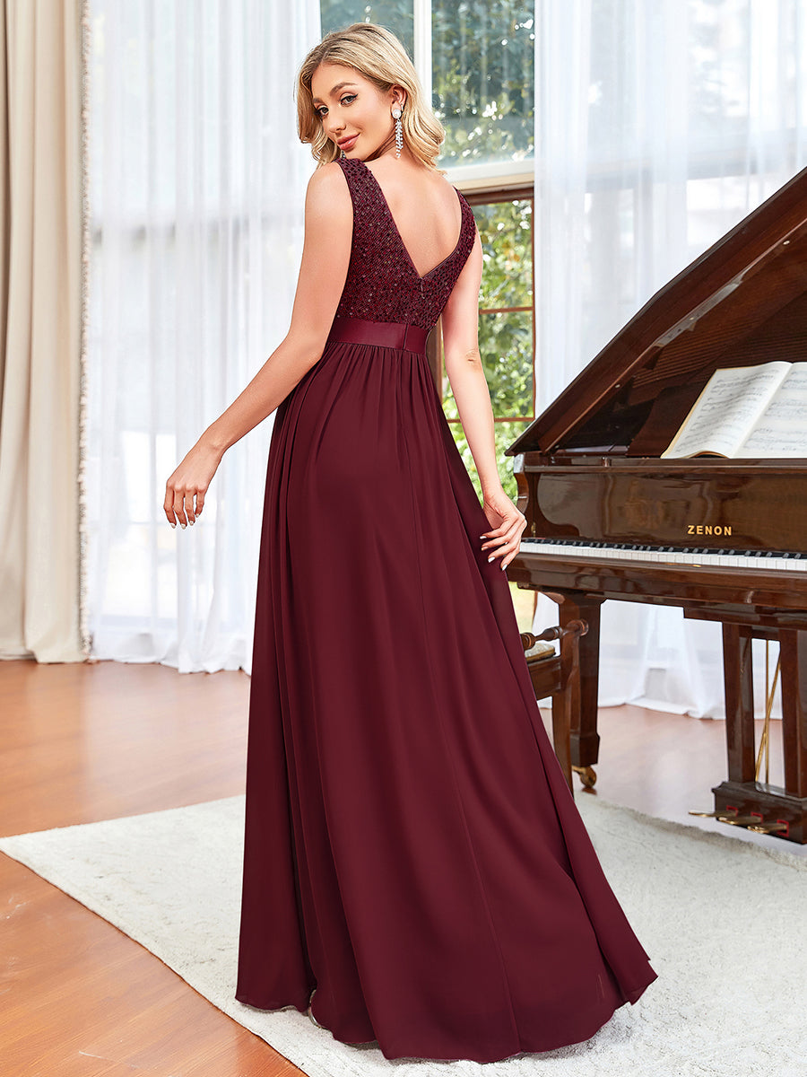 Color=Burgundy | Adorable A Line Sleeveless Wholesale Bridesmaid Dresses with Deep V Neck-Burgundy 2