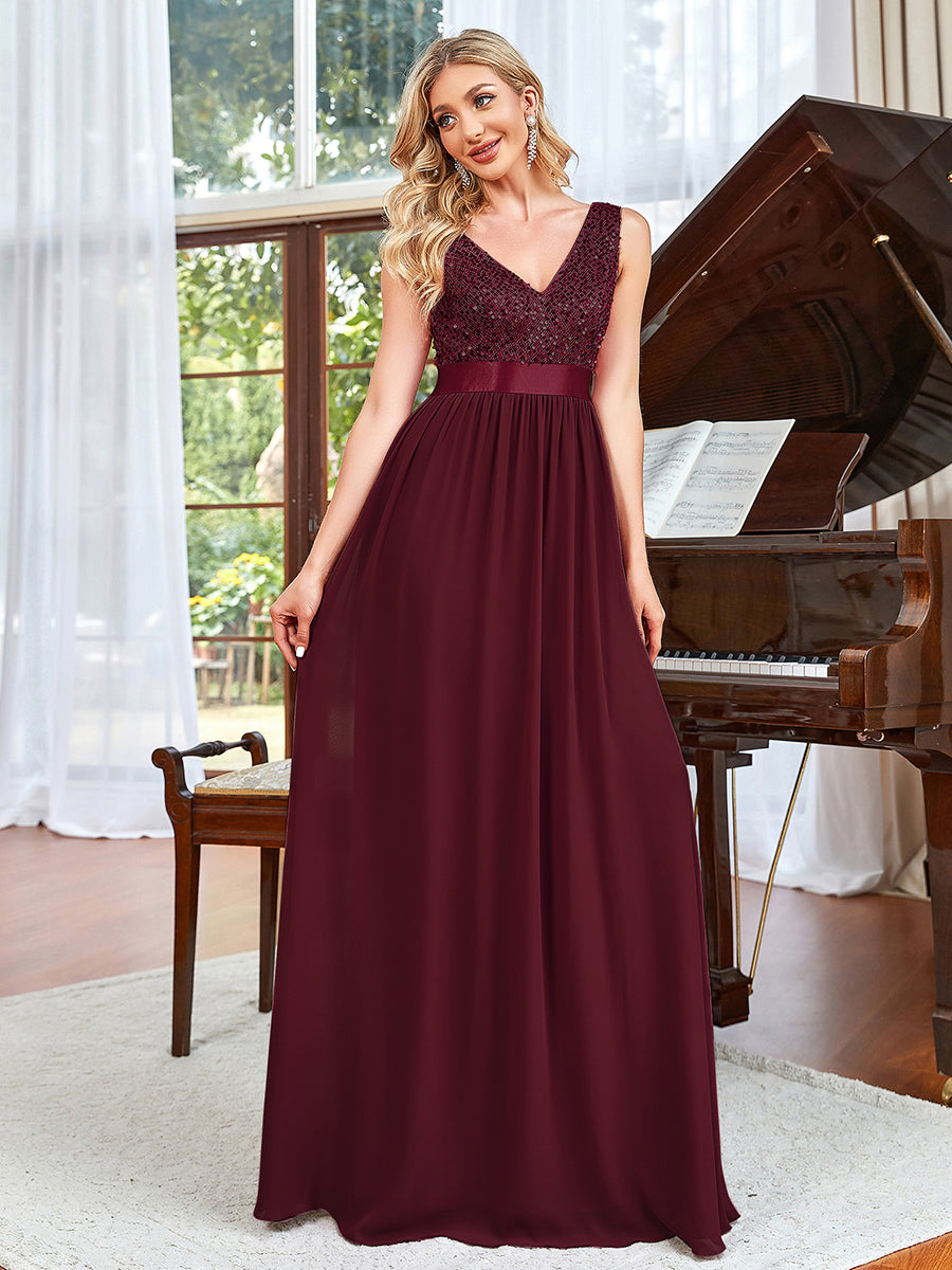 Color=Burgundy | Adorable A Line Sleeveless Wholesale Bridesmaid Dresses with Deep V Neck-Burgundy 3