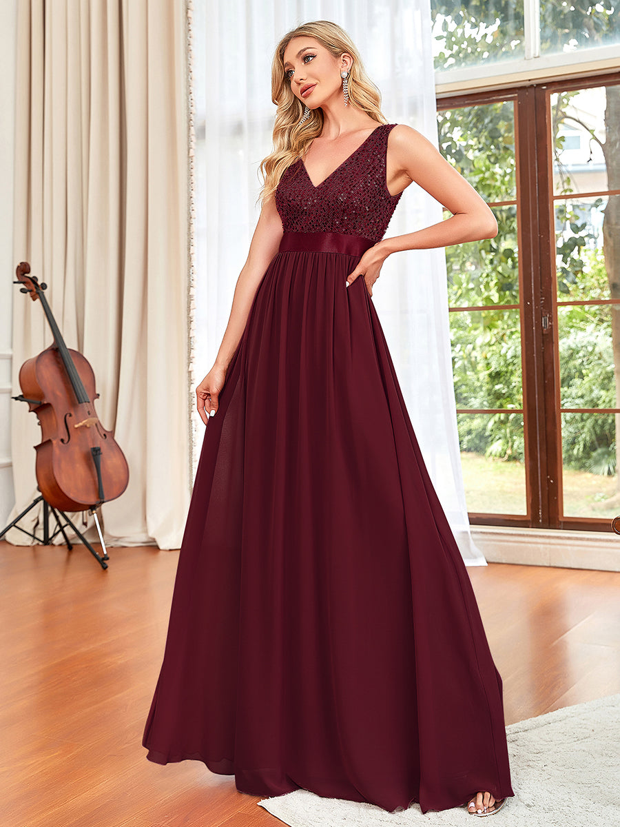 Color=Burgundy | Adorable A Line Sleeveless Wholesale Bridesmaid Dresses with Deep V Neck-Burgundy 4