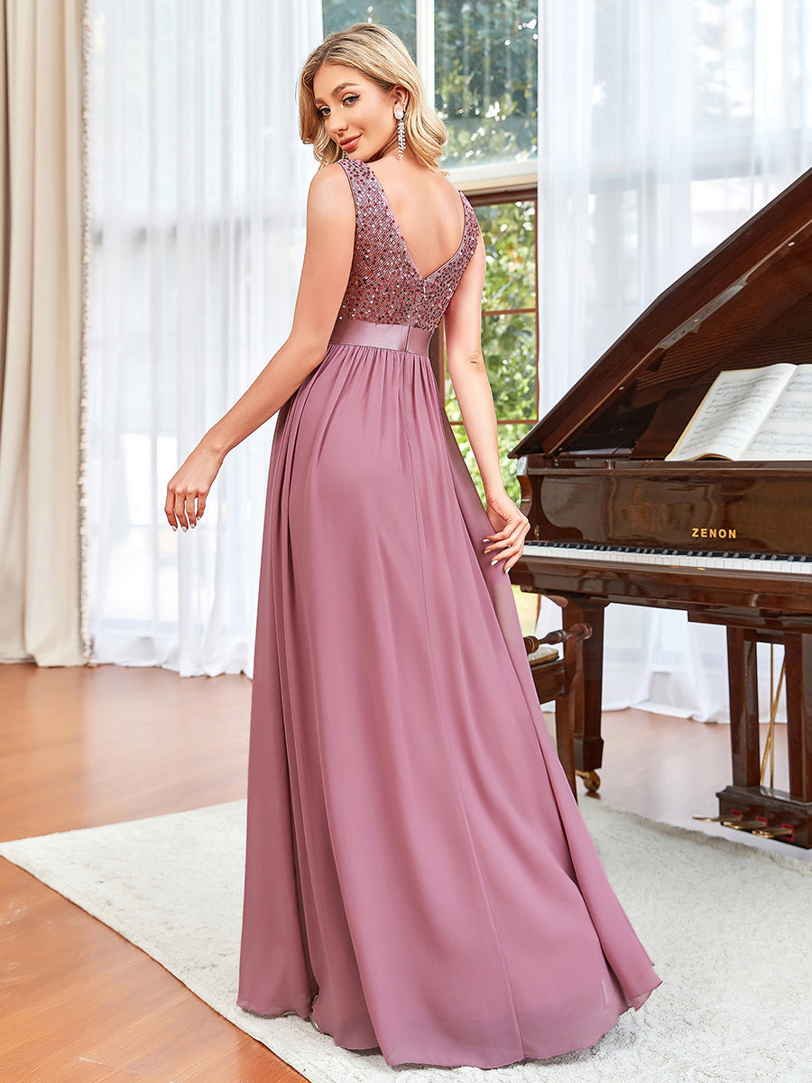 Color=Orchid | Adorable A Line Sleeveless Wholesale Bridesmaid Dresses with Deep V Neck-Orchid 4