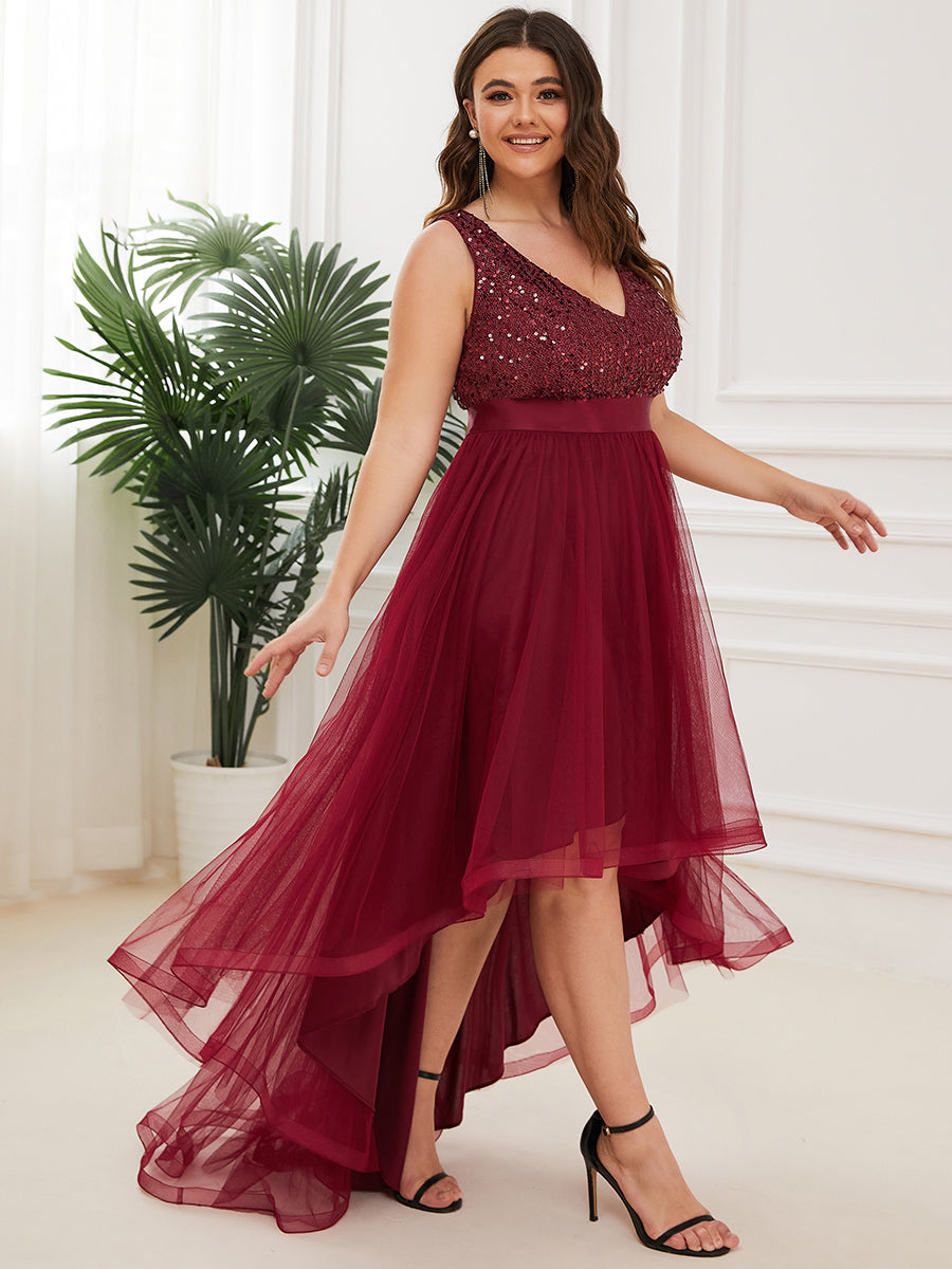 Color=Burgundy | Sparkling Wholesale Evening Dresses with Asymmetrical Hem Deep V Neck-Burgundy 3