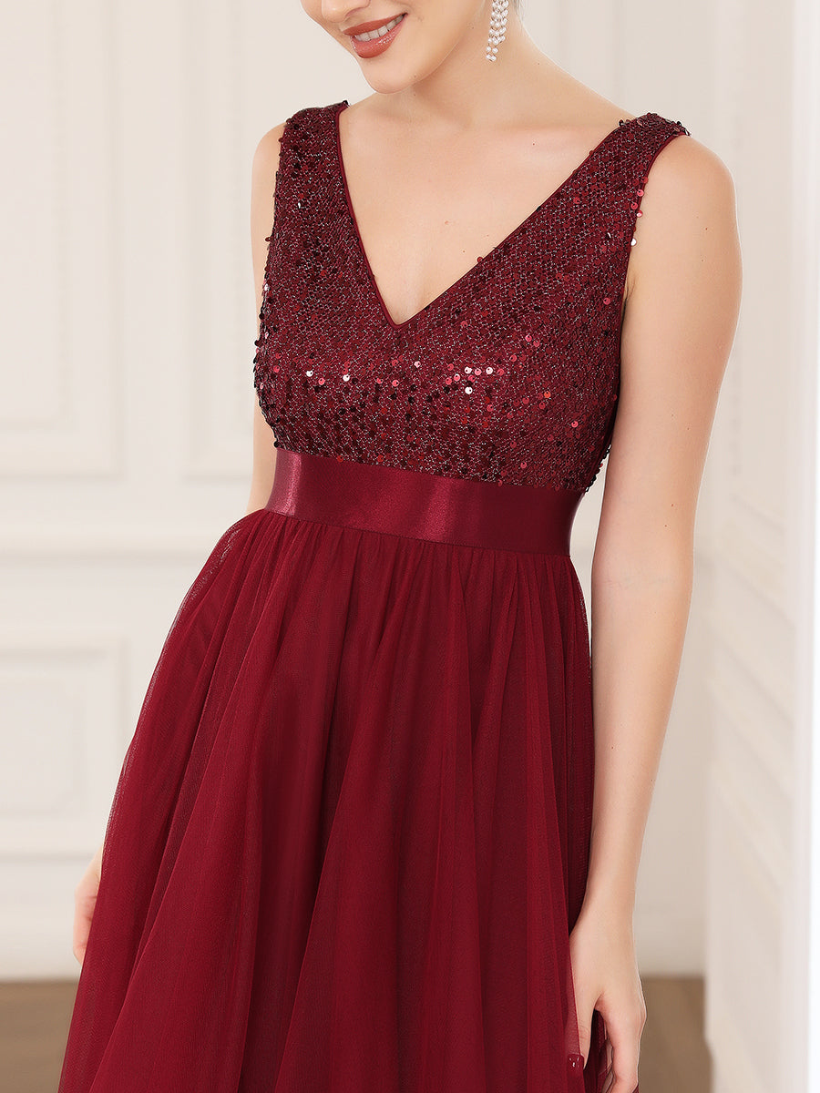 Color=Burgundy | Sparkling Wholesale Evening Dresses with Asymmetrical Hem Deep V Neck-Burgundy 5