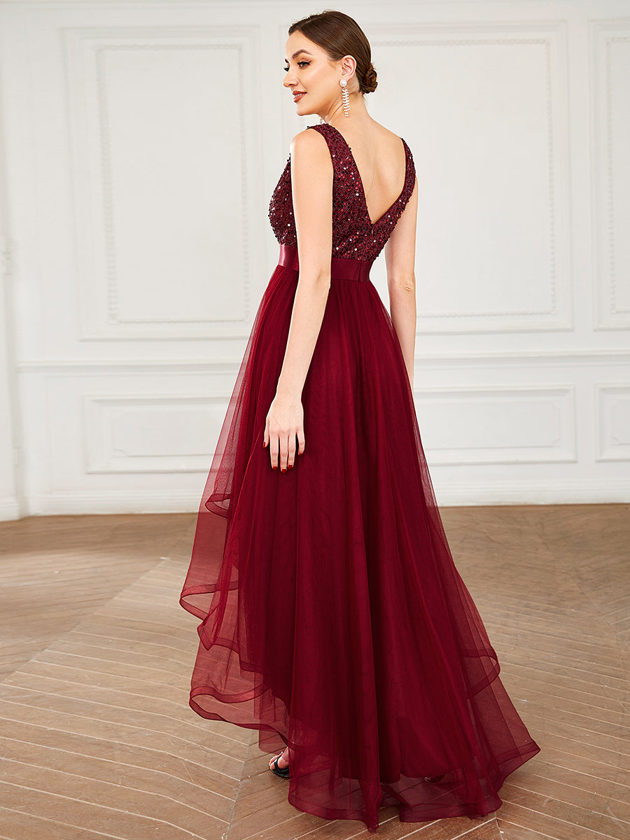 Color=Burgundy | Sparkling Wholesale Evening Dresses with Asymmetrical Hem Deep V Neck-Burgundy 2