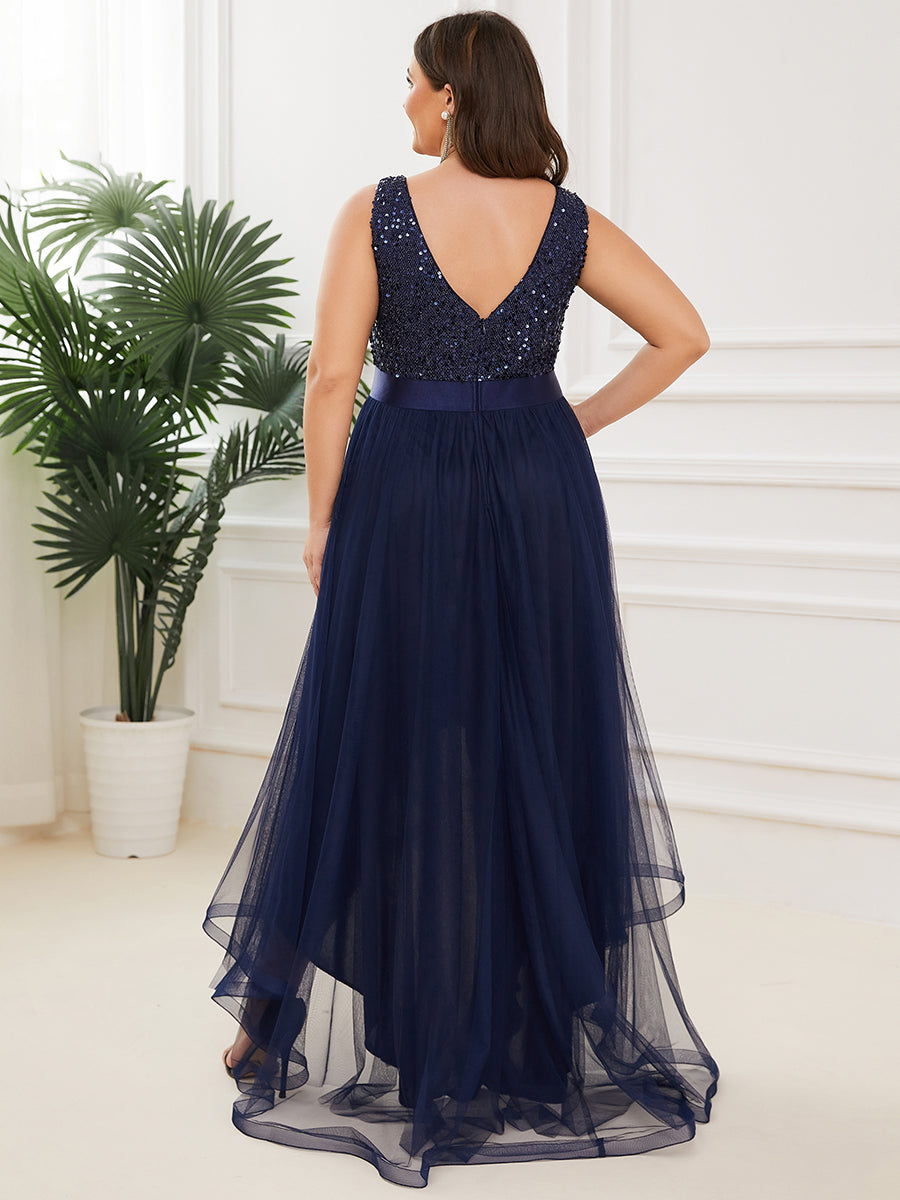 Color=Navy Blue | Sparkling Wholesale Evening Dresses with Asymmetrical Hem Deep V Neck-Navy Blue 3