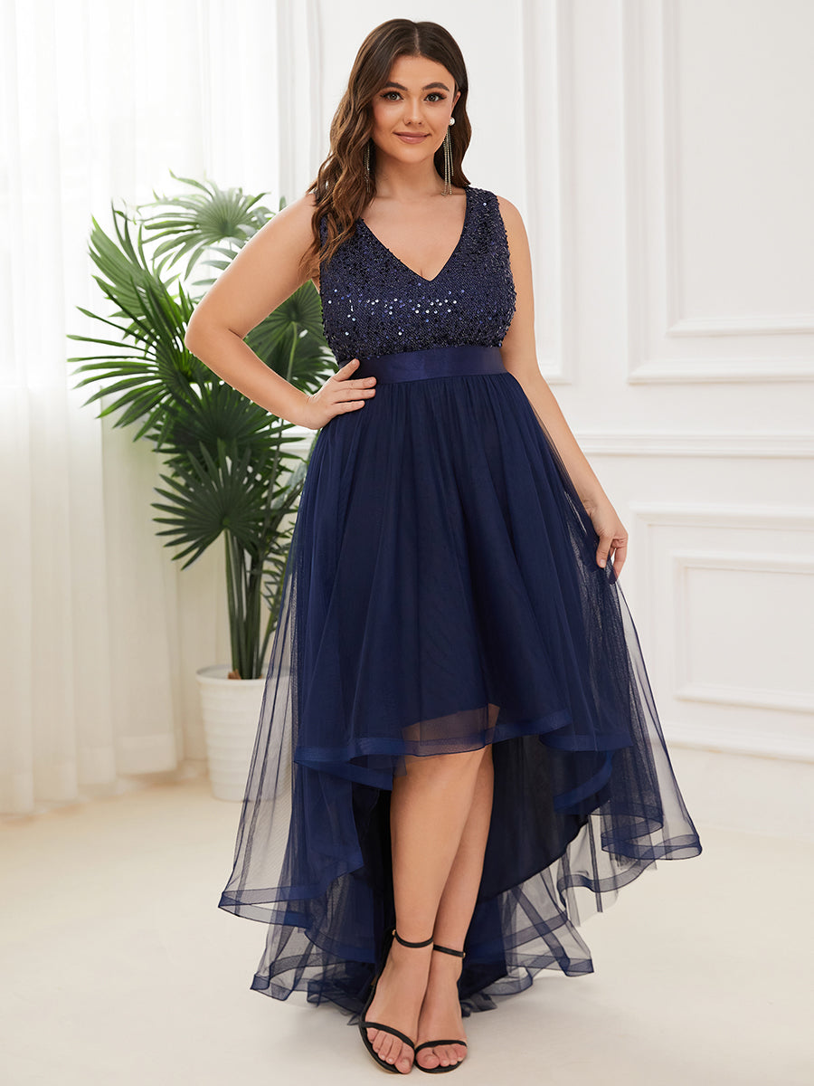 Color=Navy Blue | Sparkling Wholesale Evening Dresses with Asymmetrical Hem Deep V Neck-Navy Blue 4