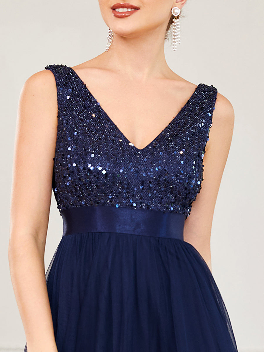 Color=Navy Blue | Sparkling Wholesale Evening Dresses with Asymmetrical Hem Deep V Neck-Navy Blue 5