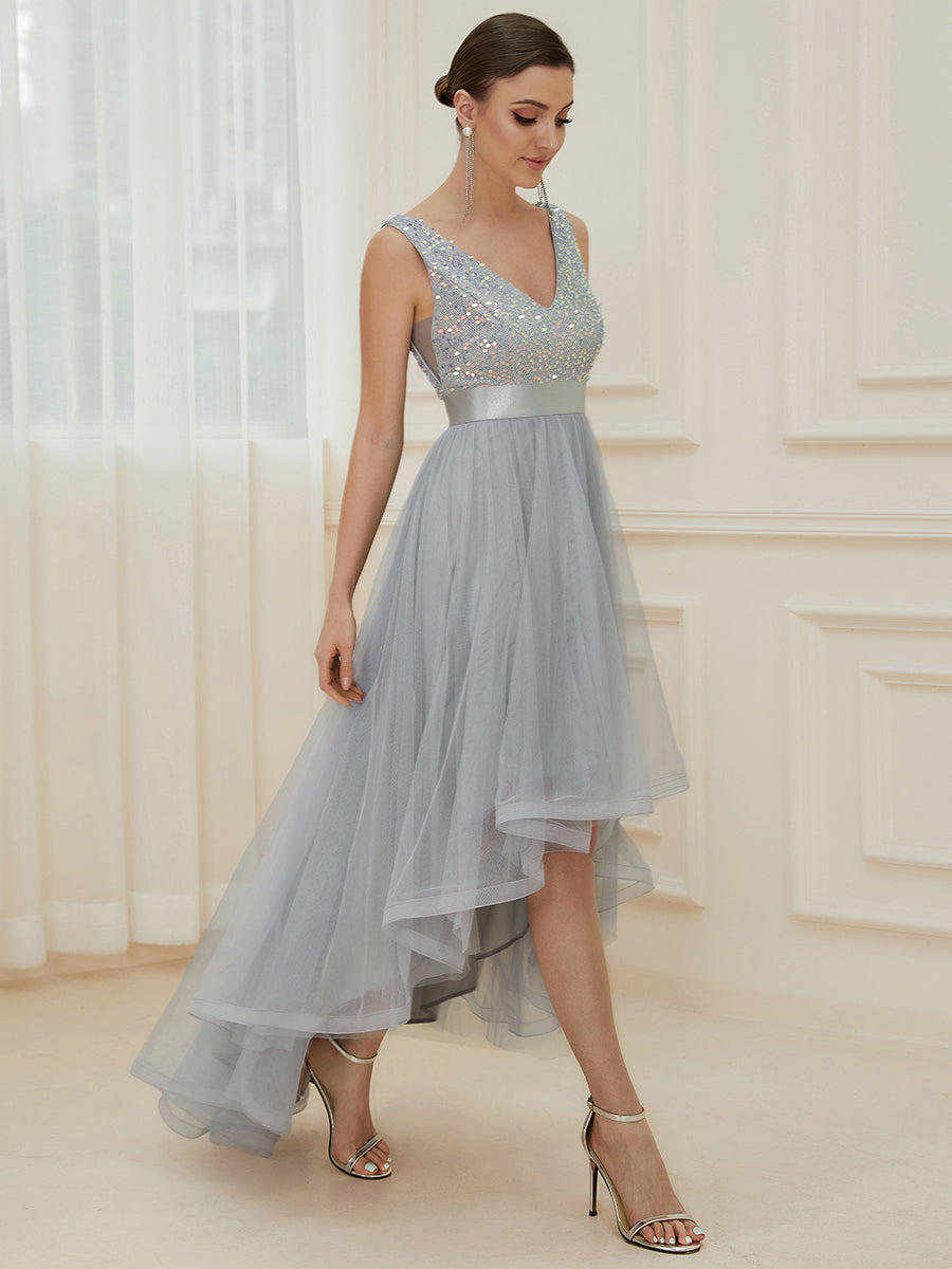 Color=Silver | Sparkling Wholesale Evening Dresses with Asymmetrical Hem Deep V Neck-Silver 4