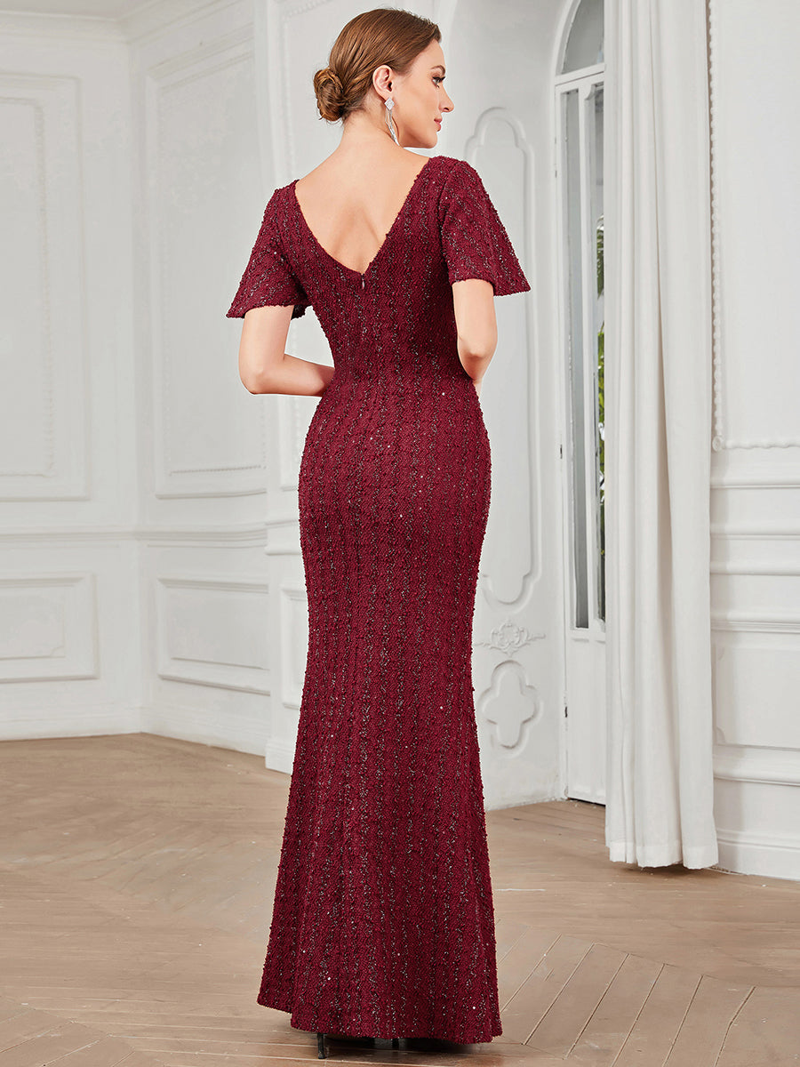 Color=Burgundy | Deep V Neck Short Sleeves Wholesale Evening Dresses with Fishtail-Burgundy 2