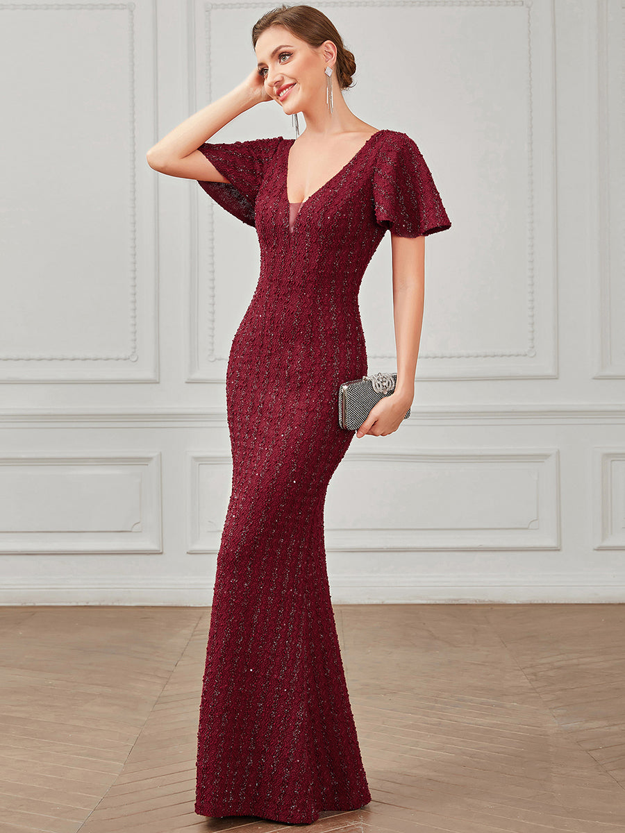 Color=Burgundy | Deep V Neck Short Sleeves Wholesale Evening Dresses with Fishtail-Burgundy 3
