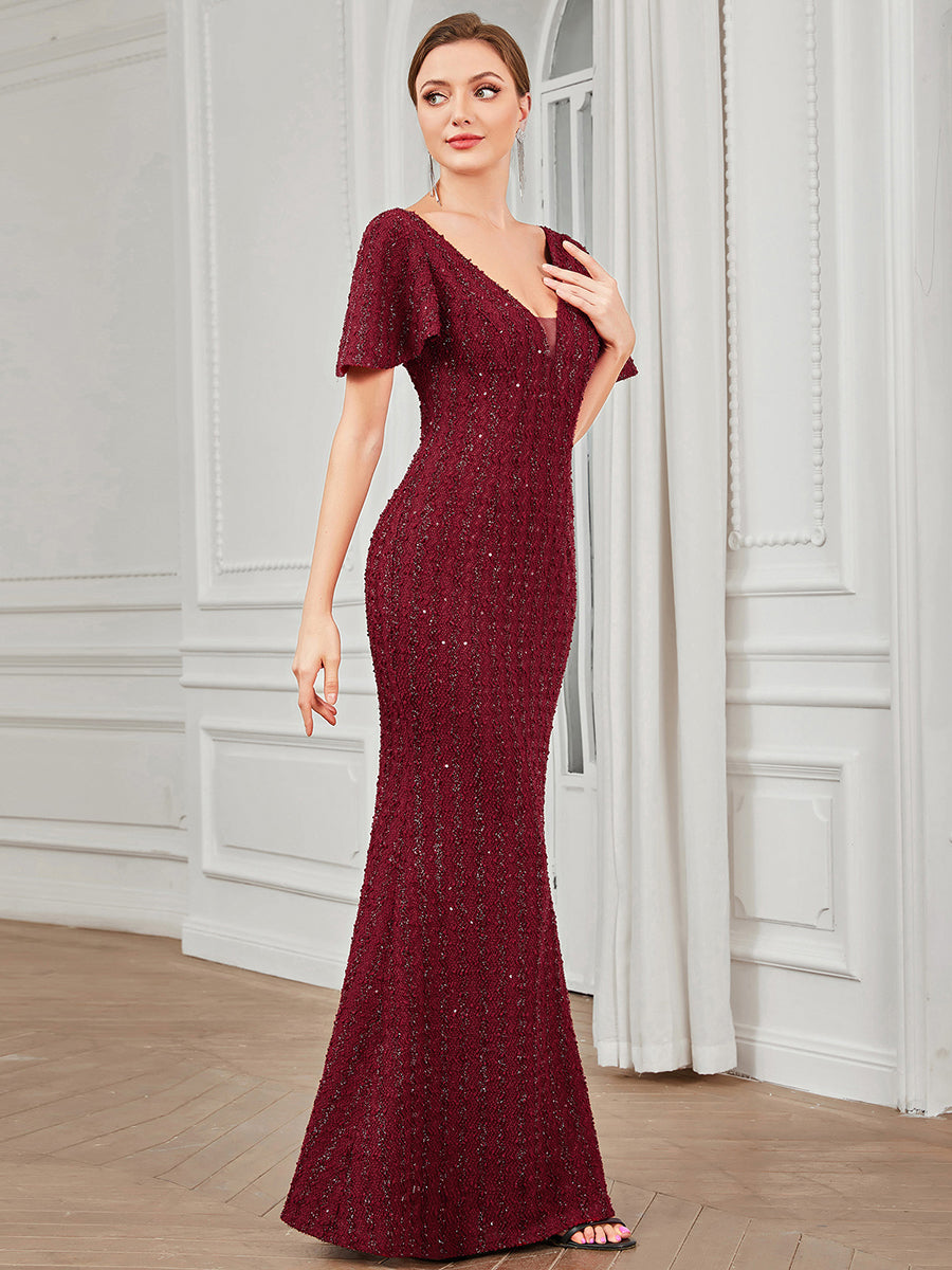 Color=Burgundy | Deep V Neck Short Sleeves Wholesale Evening Dresses with Fishtail-Burgundy 4