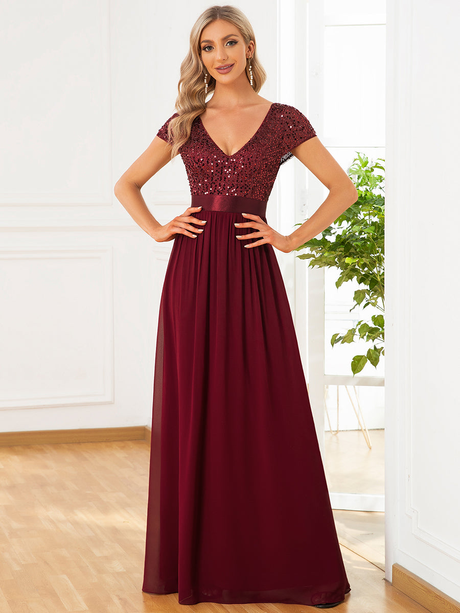 Color=Burgundy | Deep V Neck Pencil Wholesale Evening Dresses with Short Sleeves-Burgundy 1