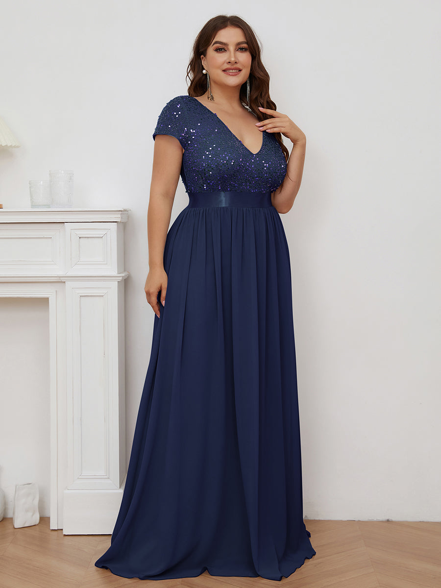 Color=Navy Blue | Deep V Neck Pencil Wholesale Evening Dresses with Short Sleeves-Navy Blue 4