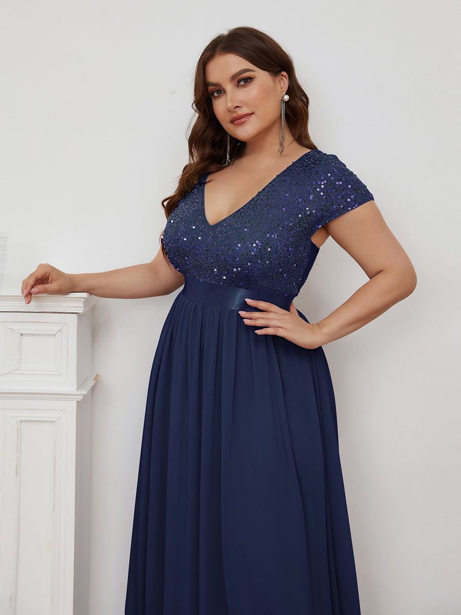 Color=Navy Blue | Deep V Neck Pencil Wholesale Evening Dresses with Short Sleeves-Navy Blue 5