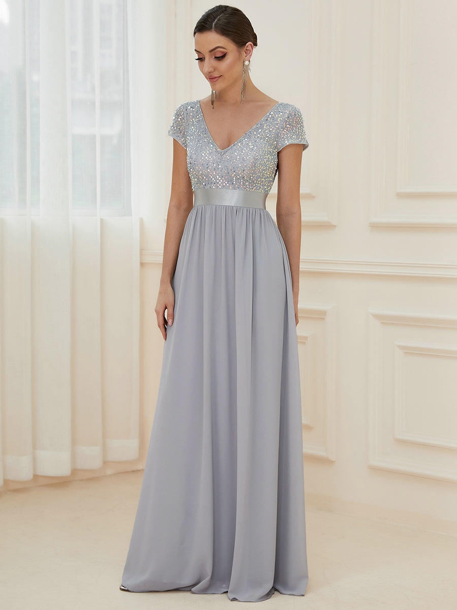 Color=Silver | Deep V Neck Pencil Wholesale Evening Dresses with Short Sleeves-Silver 3