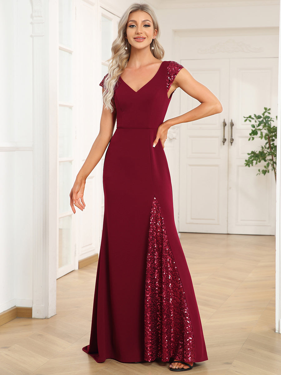 Color=Burgundy | Sleeveless Deep V Neck Fishtail Floor Length Wholesale Evening Dresses-Burgundy 1