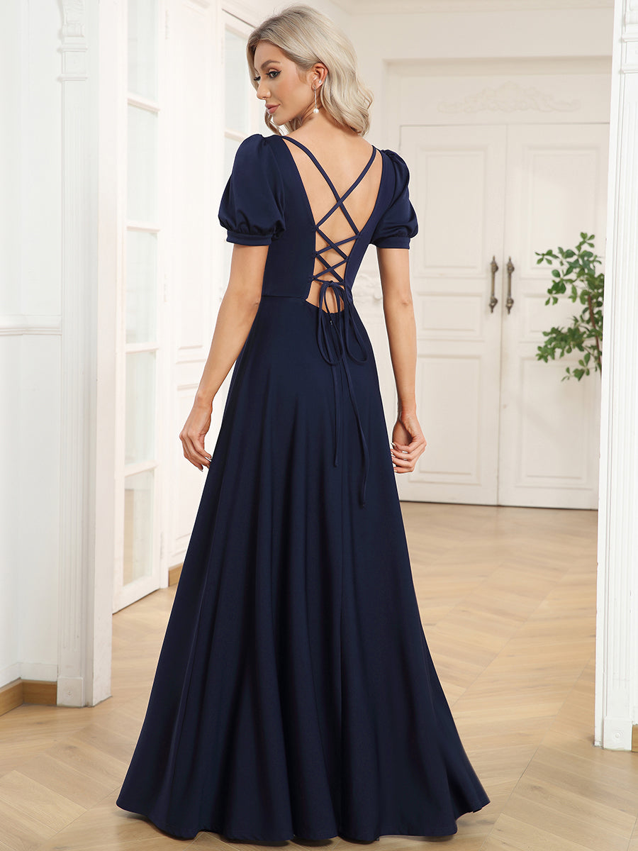 Color=Navy Blue | Square Neckline Puff Sleeves A Line Backless Wholesale Evening Dresses-Navy Blue 2