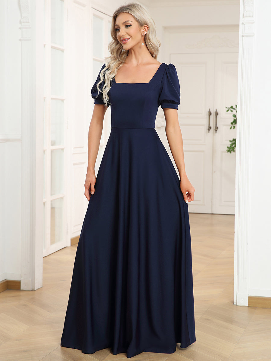 Color=Navy Blue | Square Neckline Puff Sleeves A Line Backless Wholesale Evening Dresses-Navy Blue 3