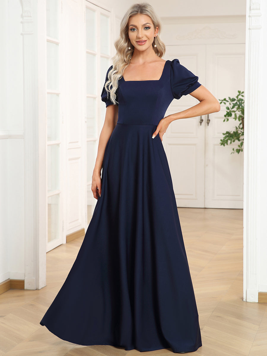 Color=Navy Blue | Square Neckline Puff Sleeves A Line Backless Wholesale Evening Dresses-Navy Blue 4