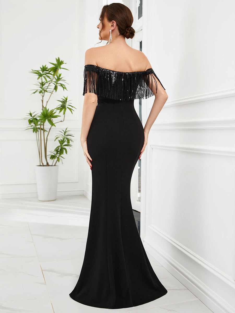 Color=Black | Sexy Tassels Off Shoulders Fishtail Wholesale Evening Dresses-Black 2