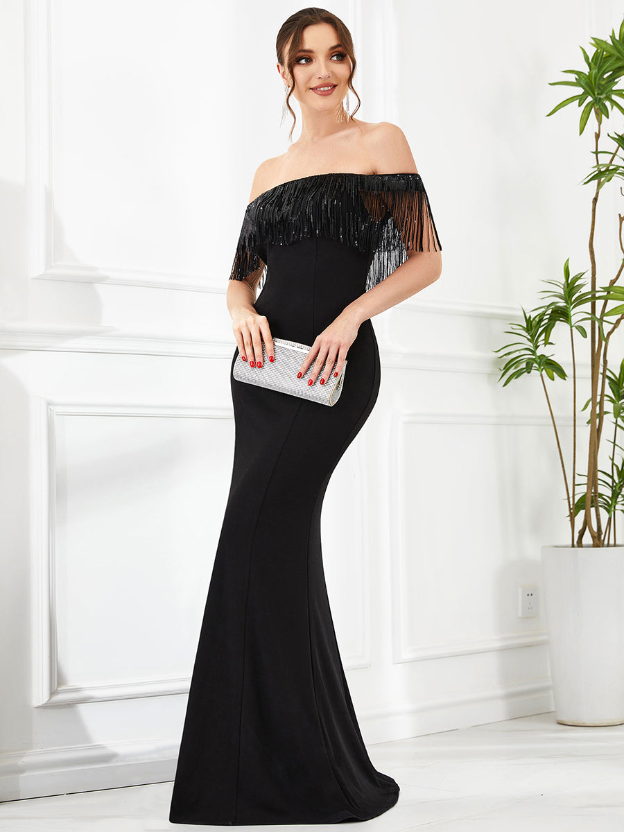 Color=Black | Sexy Tassels Off Shoulders Fishtail Wholesale Evening Dresses-Black 3
