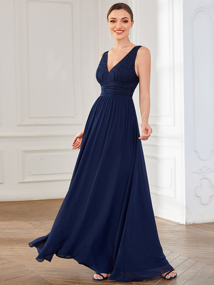 Color=Navy Blue | Deep V Neck A Line Sleeveless Wholesale Bridesmaid Dresses-Navy Blue 1