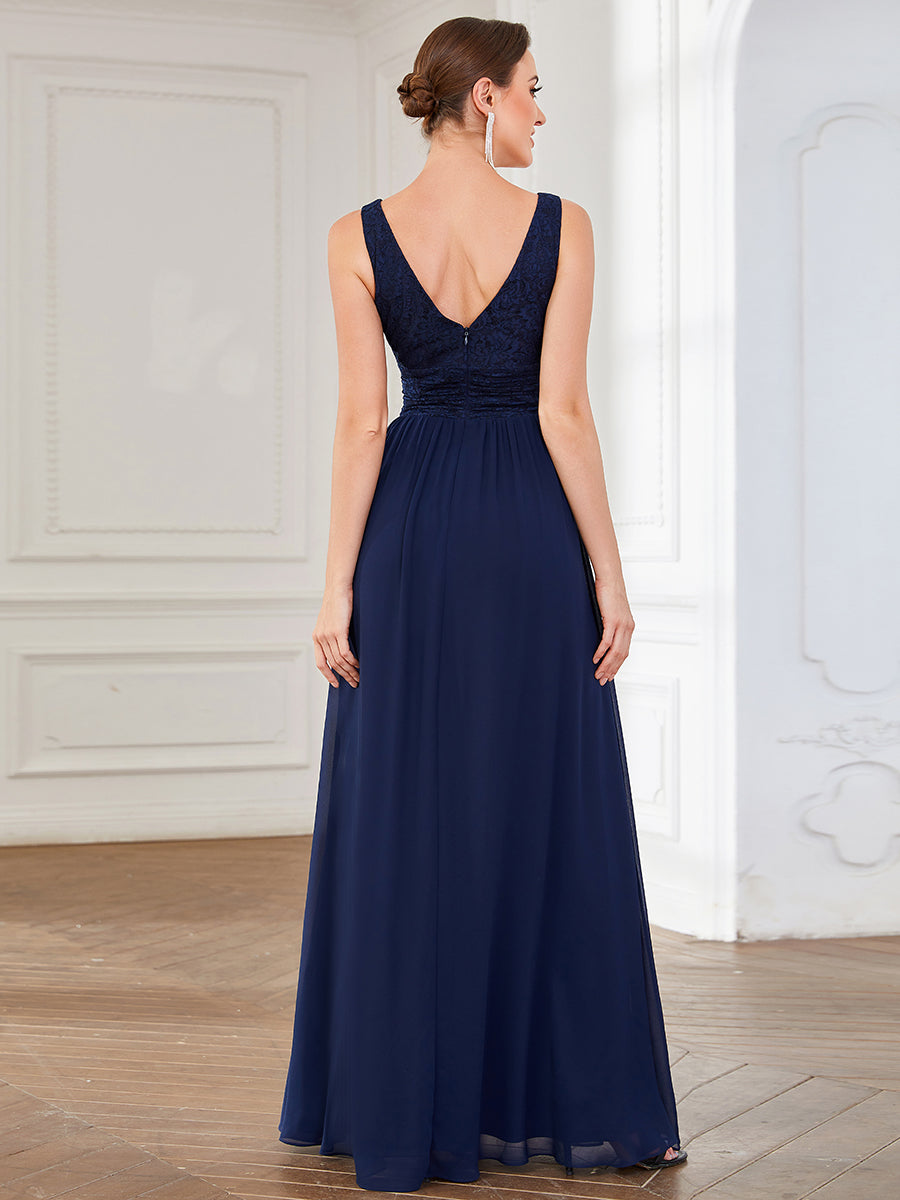 Color=Navy Blue | Deep V Neck A Line Sleeveless Wholesale Bridesmaid Dresses-Navy Blue 2