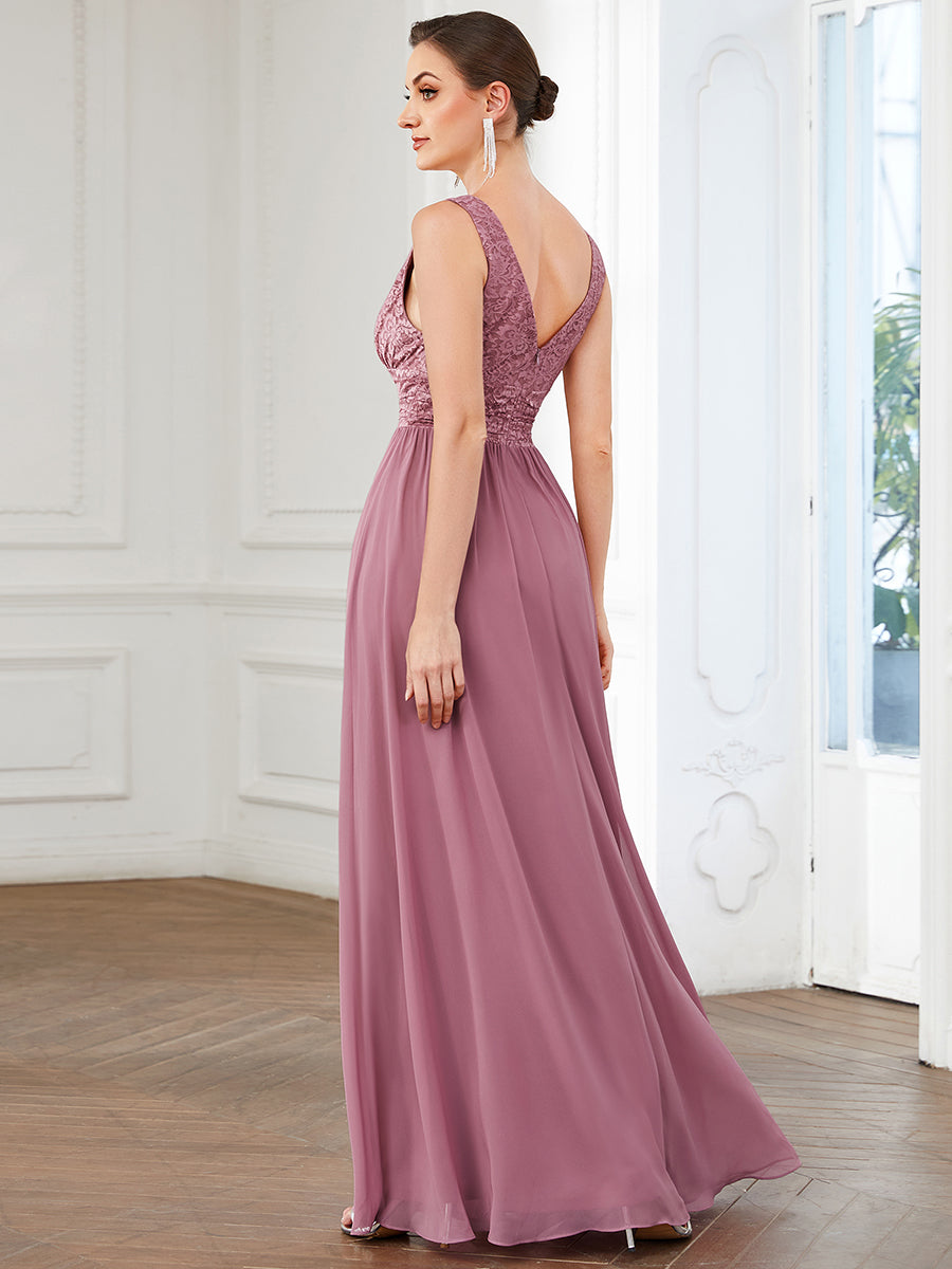 Color=Orchid | Deep V Neck A Line Sleeveless Wholesale Bridesmaid Dresses-Orchid 3