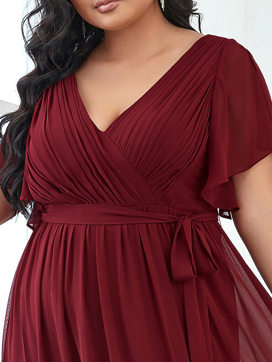Color=Burgundy | A Line Plus Size Wholesale Bridesmaid Dresses with Deep V Neck Ruffles Sleeves-Burgundy 5
