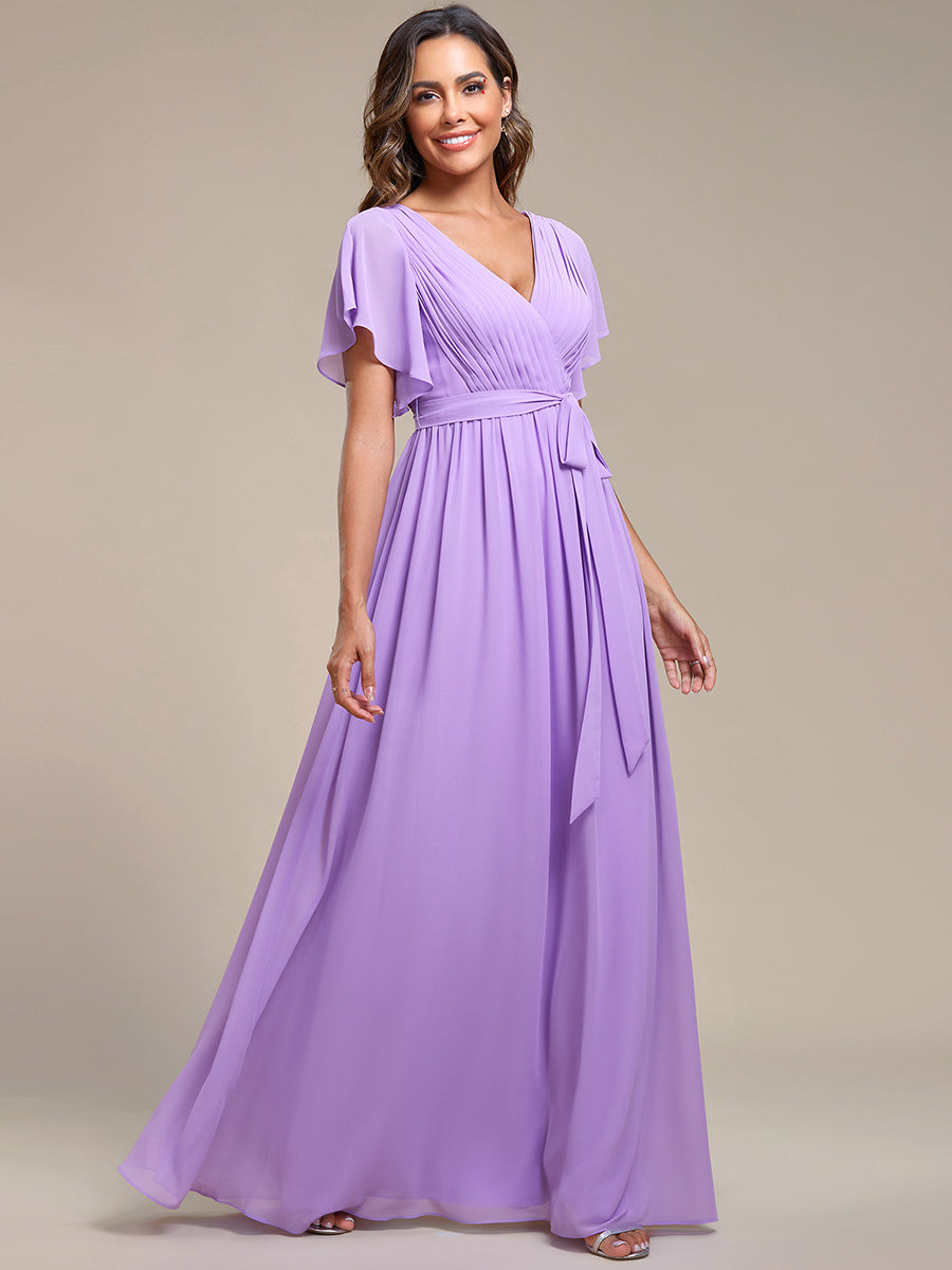 Custom Size A Line Wholesale Bridesmaid Dresses with Deep V Neck Ruffles Sleeves