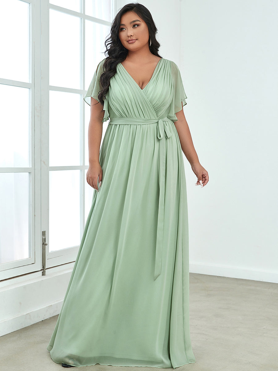 Plus Size Deep V Neck Ruffles Sleeves A Line Wholesale Bridesmaid Dresses