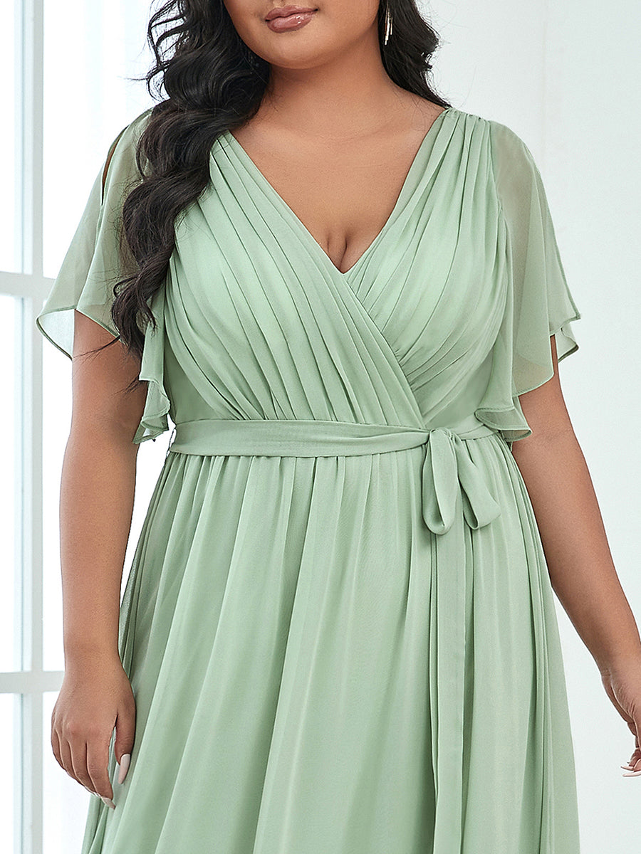 Color=Mint Green | A Line Plus Size Wholesale Bridesmaid Dresses with Deep V Neck Ruffles Sleeves-Mint Green 5