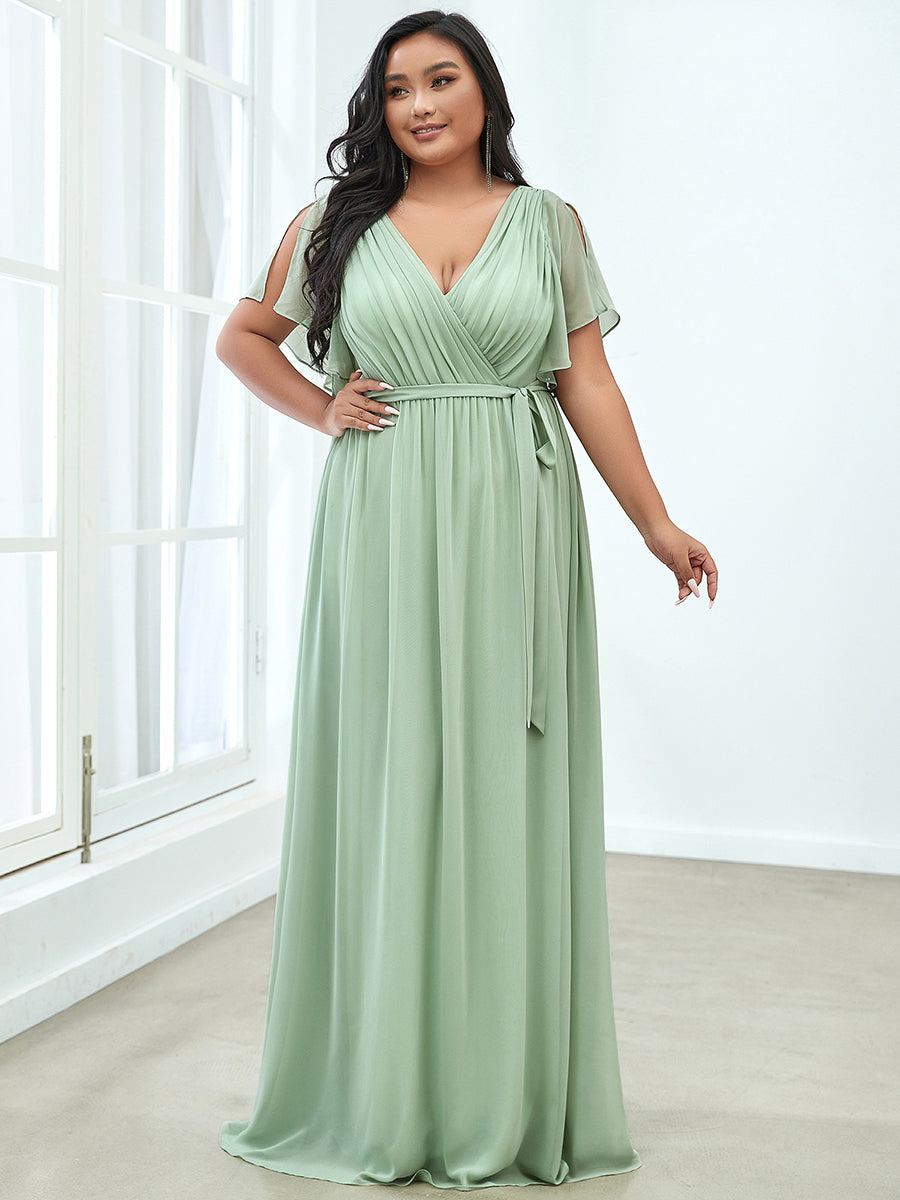 Color=Mint Green | A Line Plus Size Wholesale Bridesmaid Dresses with Deep V Neck Ruffles Sleeves-Mint Green 1
