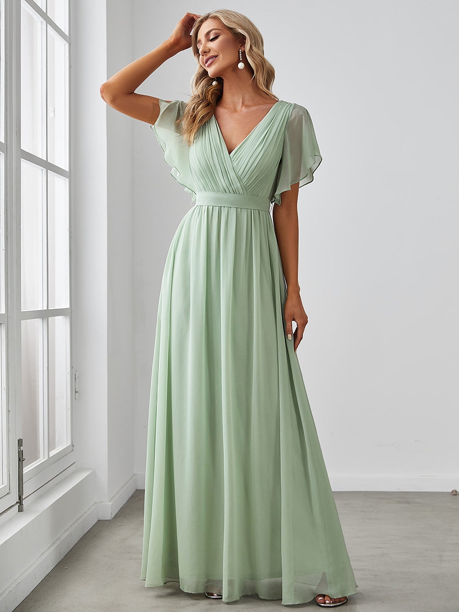 Color=Mint Green | A Line Wholesale Bridesmaid Dresses with Deep V Neck Ruffles Sleeves-Mint Green 3