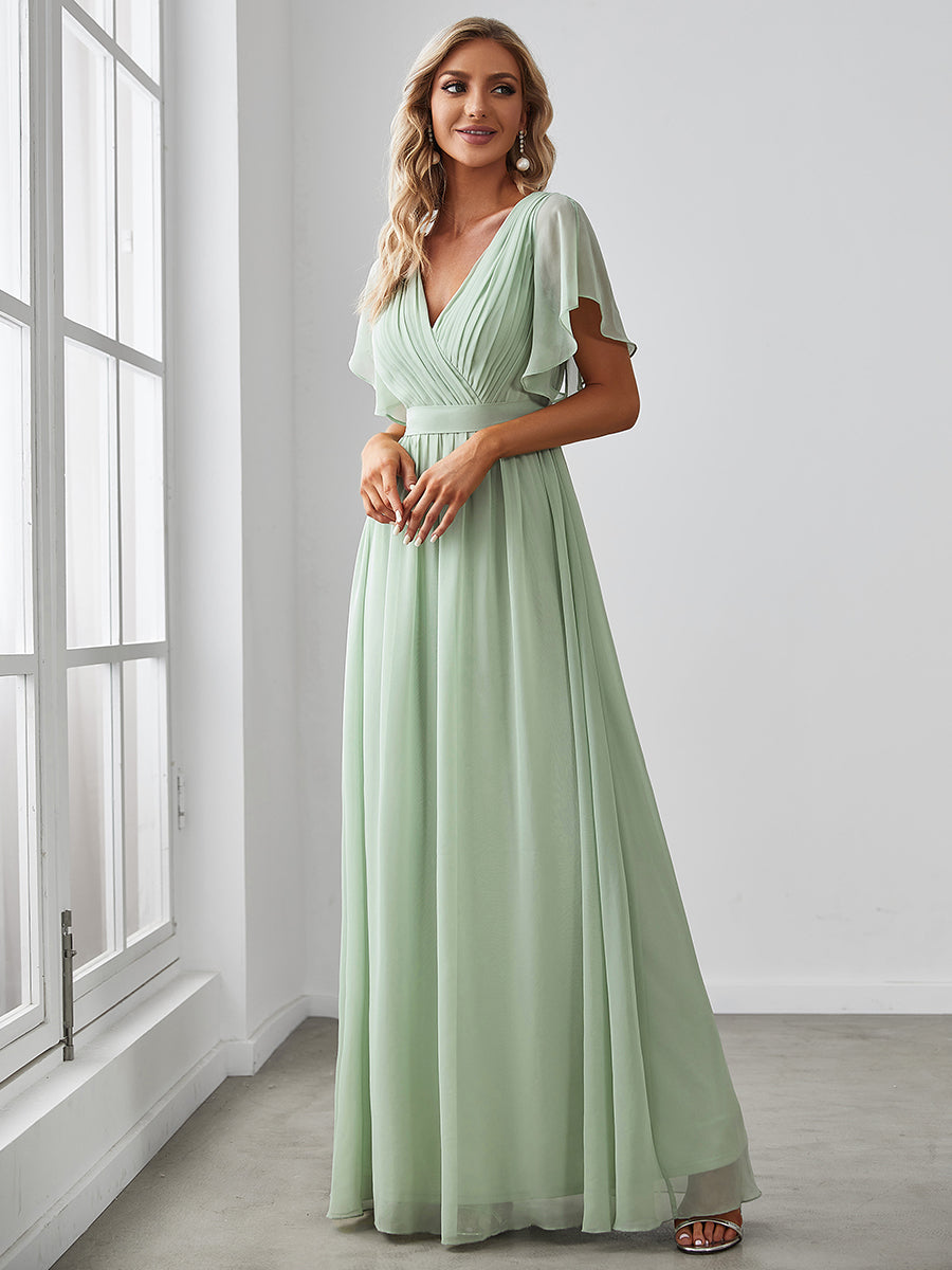 Color=Mint Green | A Line Wholesale Bridesmaid Dresses with Deep V Neck Ruffles Sleeves-Mint Green 4